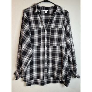 Topshop Shirt Women's‎ 8 Black Flannel Button Up Plaid Long Sleeve Oversized
